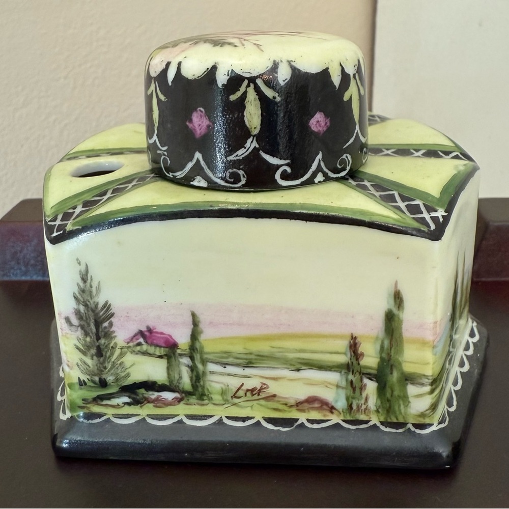 Vintage Limoges France Hand-Painted Porcelain Inkwell by L. Moreau Péricand